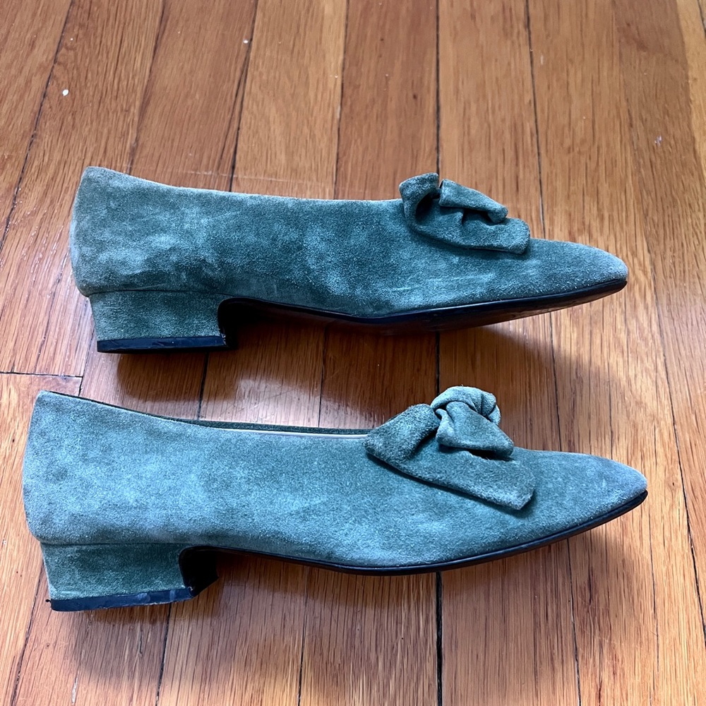 Women's Green Suede Low Heel Loafers with Knot Detail